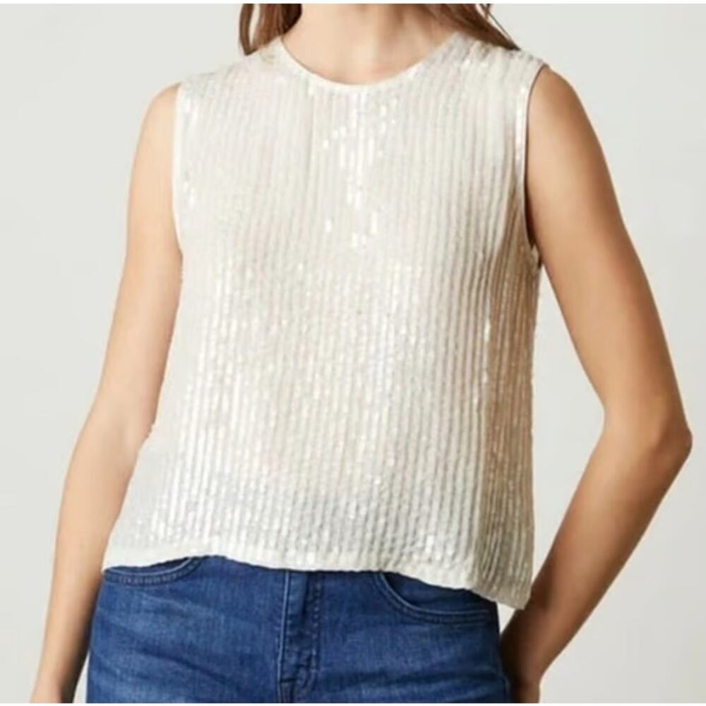 Velvet x Graham & Spencer Sequin Top XS Cream Crew Sleeveless Keyhole Blouse
